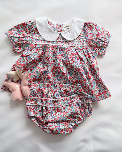 2Pcs Set Baby Girls Floral Print Collar Top and Shorts. 100% Cotton Clothing Set.