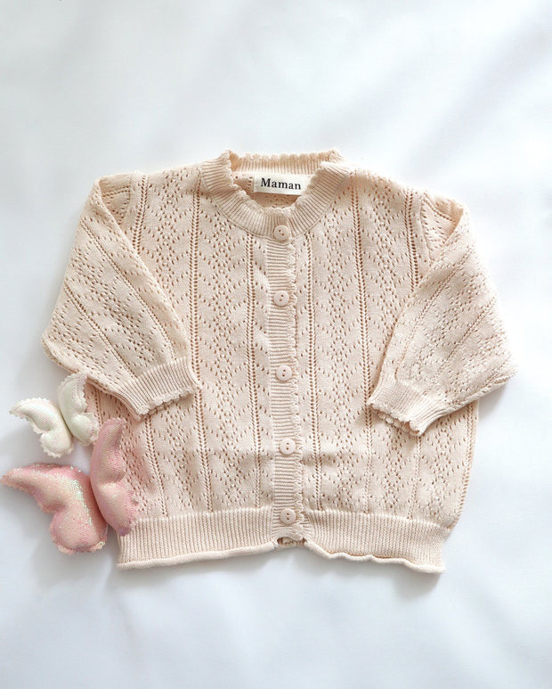 Baby Girl 3/4 Sleeve Button-Up Cotton Cardigan in Beige. Baby Clothes for Autumn Winter