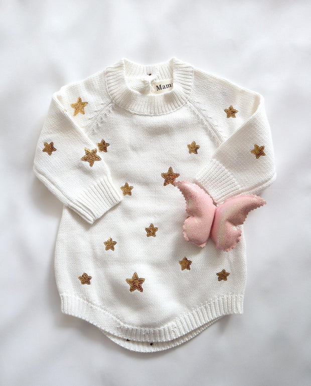 Baby Girls Long Sleeve Star Cotton Knitted Romper in White. Baby Clothes for Autumn Winter.