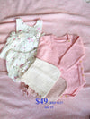 BUNDLE PACK Size 1T: Baby Girls Pink Knitted Cotton Romper & Amelia Floral 2Pc Set Top+ Bloomer & 2 Bonnets (RRP $137)