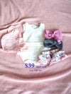 BUNDLE PACK Size NB-3m: Baby Girls Valentina Embroidered Romper & Angela Floral & 2 Knitted Headwraps and Bonnet (RRP $100)