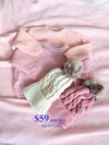 BUNDLE PACK Size 6-12m: Baby Girls Long Sleeve Knitted Peach & Dusty Pink Winter Jumper + 2 Knitted Beanies (RRP $142)