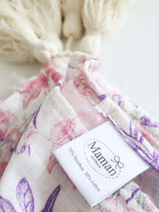 Bamboo Cotton Tassel Swaddle Baby Wrap Pink Purple Floral Botanical "Ava" Print (Australian Design)