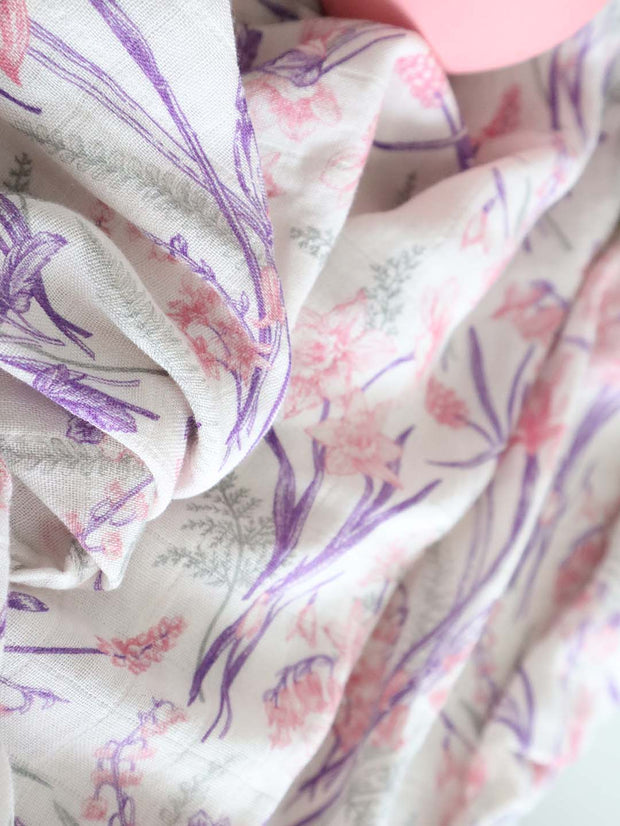 Bamboo Cotton Tassel Swaddle Baby Wrap Pink Purple Floral Botanical "Ava" Print (Australian Design)