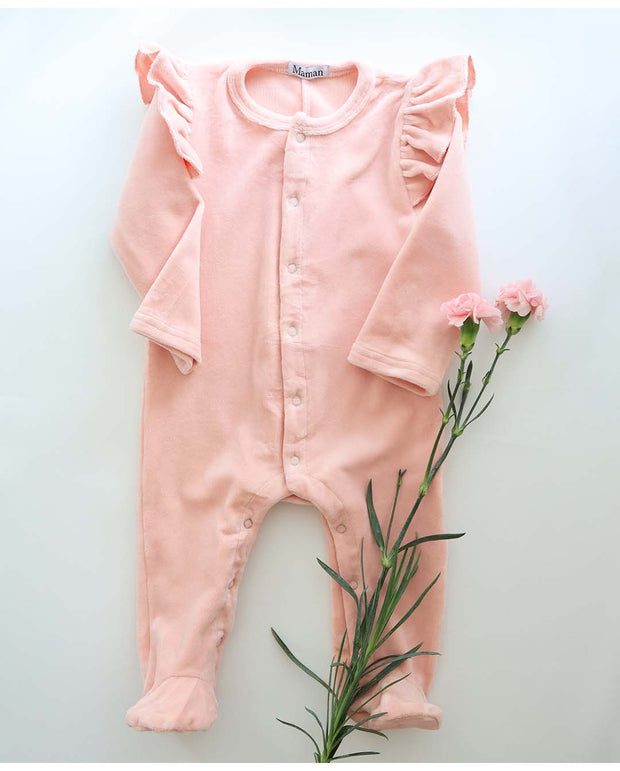 Baby Girls Powder Pink Velvet Long Sleeves Frill Romper Babysuit