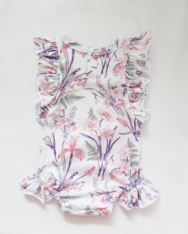Baby Girls Cotton Jersey Ruffle Romper : Ava Floral Botanical Print (Design in Australia)