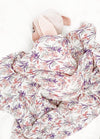 Bamboo Cotton Tassel Swaddle Baby Wrap Pink Purple Floral Botanical "Ava" Print (Australian Design)