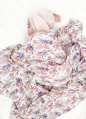 Bamboo Cotton Tassel Swaddle Baby Wrap Pink Purple Floral Botanical "Ava" Print (Australian Design) Bamboo Cotton Tassel Swaddle Baby Wrap Pink Purple Floral Botanical "Ava" Print (Australian Design)